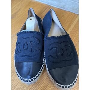 Chanel CC Logo Black Denim leather cap Espadrille Flats EU 38 US 7.5